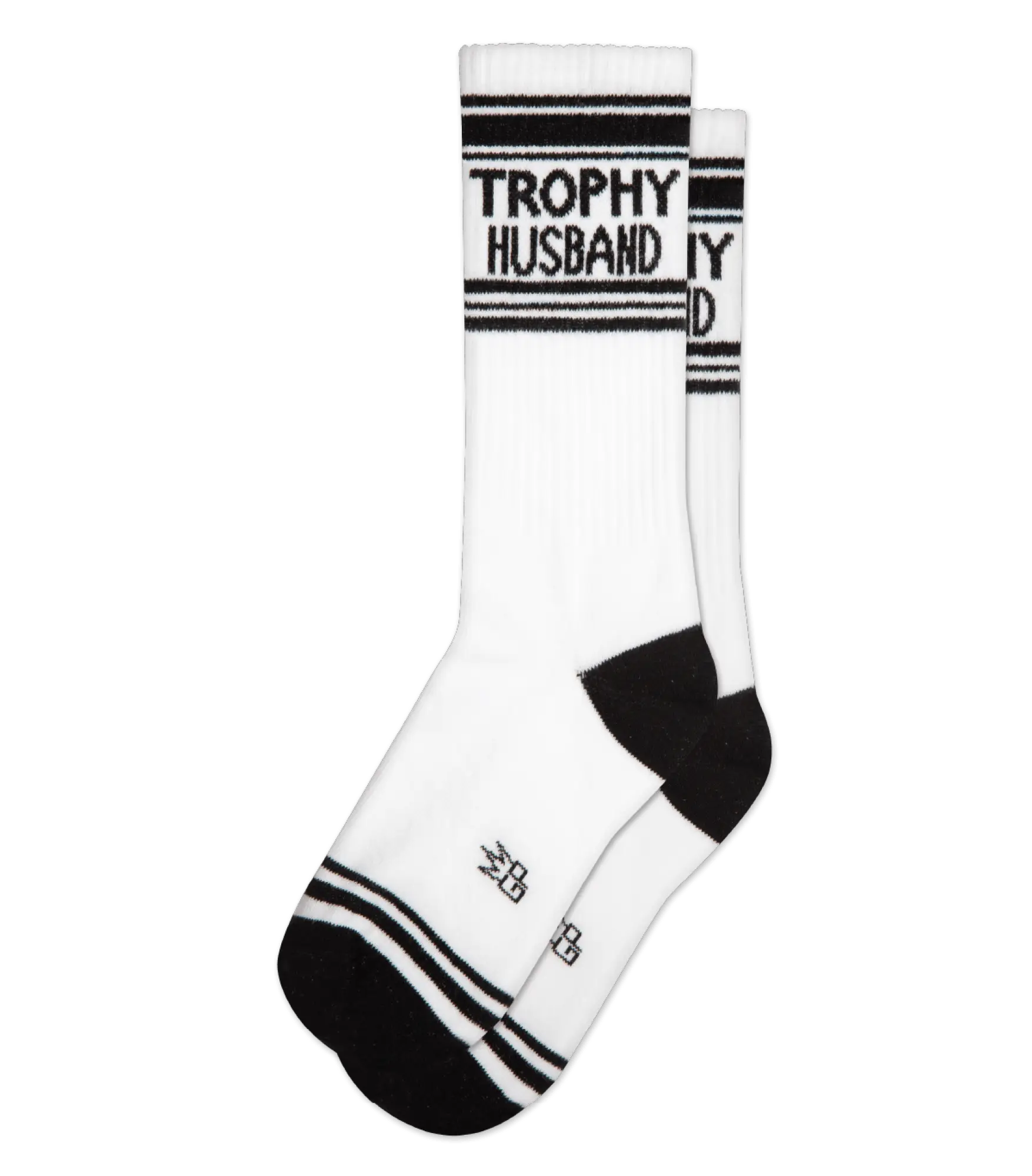 Trophy husband crew socks feature white athletic material with black stripes and text on the cuff with logo near toe