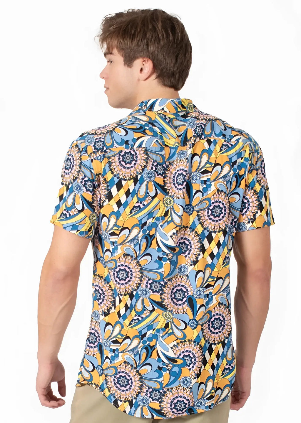 Vibrant blue and yellow tropical abstract short-sleeve shirt with floral and paisley patterns perfect for summer