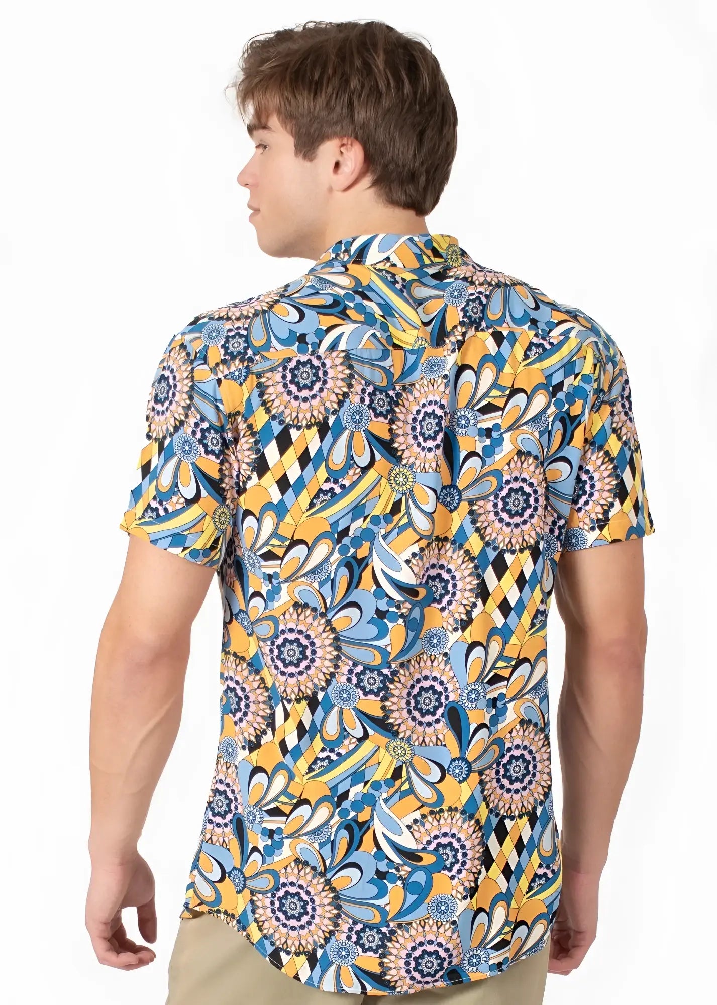 Vibrant blue and yellow tropical abstract short-sleeve shirt with floral and paisley patterns perfect for summer