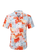 Vibrant orange and light blue abstract brushstroke patterned short-sleeved button-up shirt from tropics collection s/s