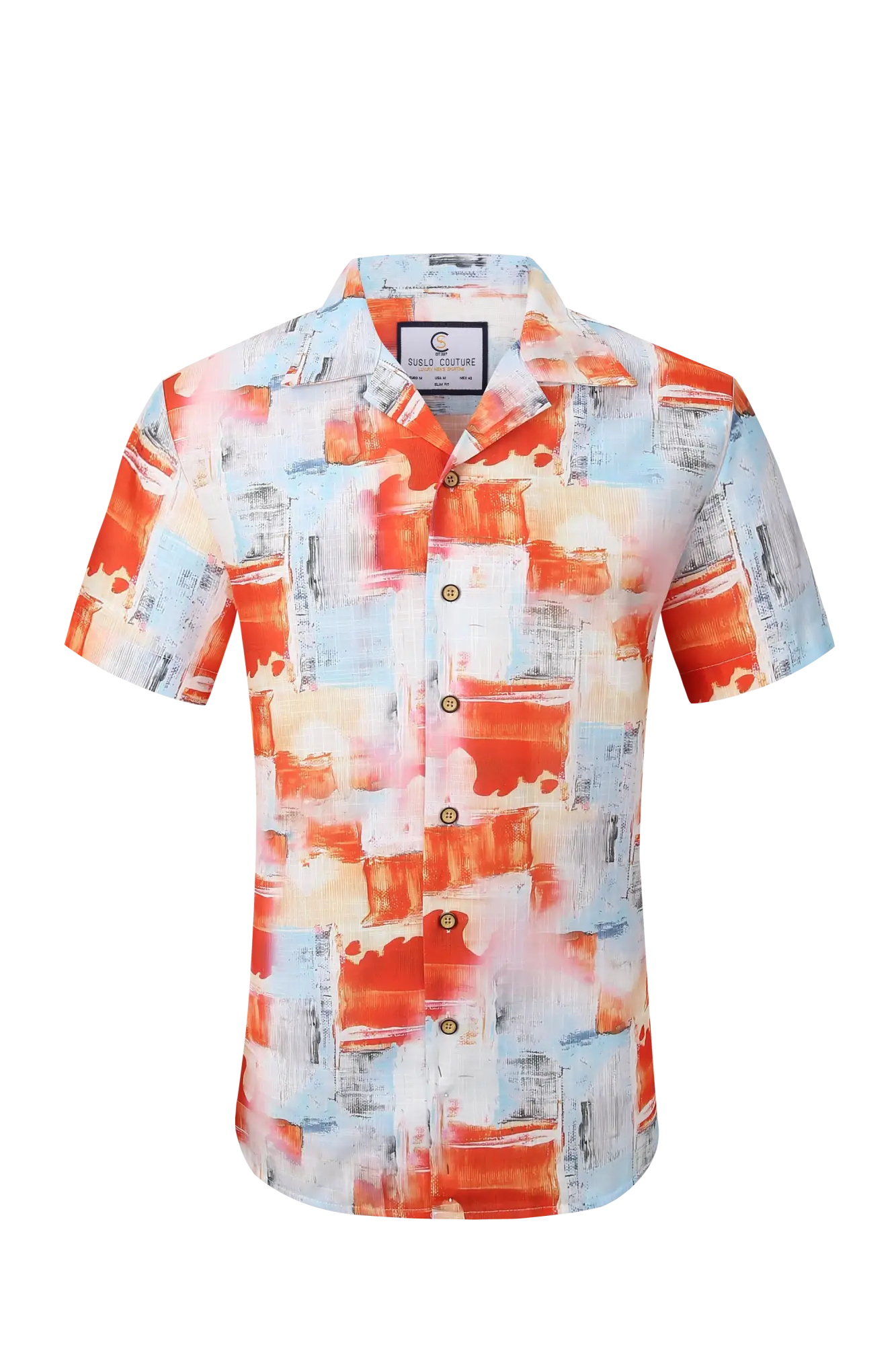 Vibrant orange and light blue abstract brushstroke patterned short-sleeved button-up shirt from tropics collection s/s