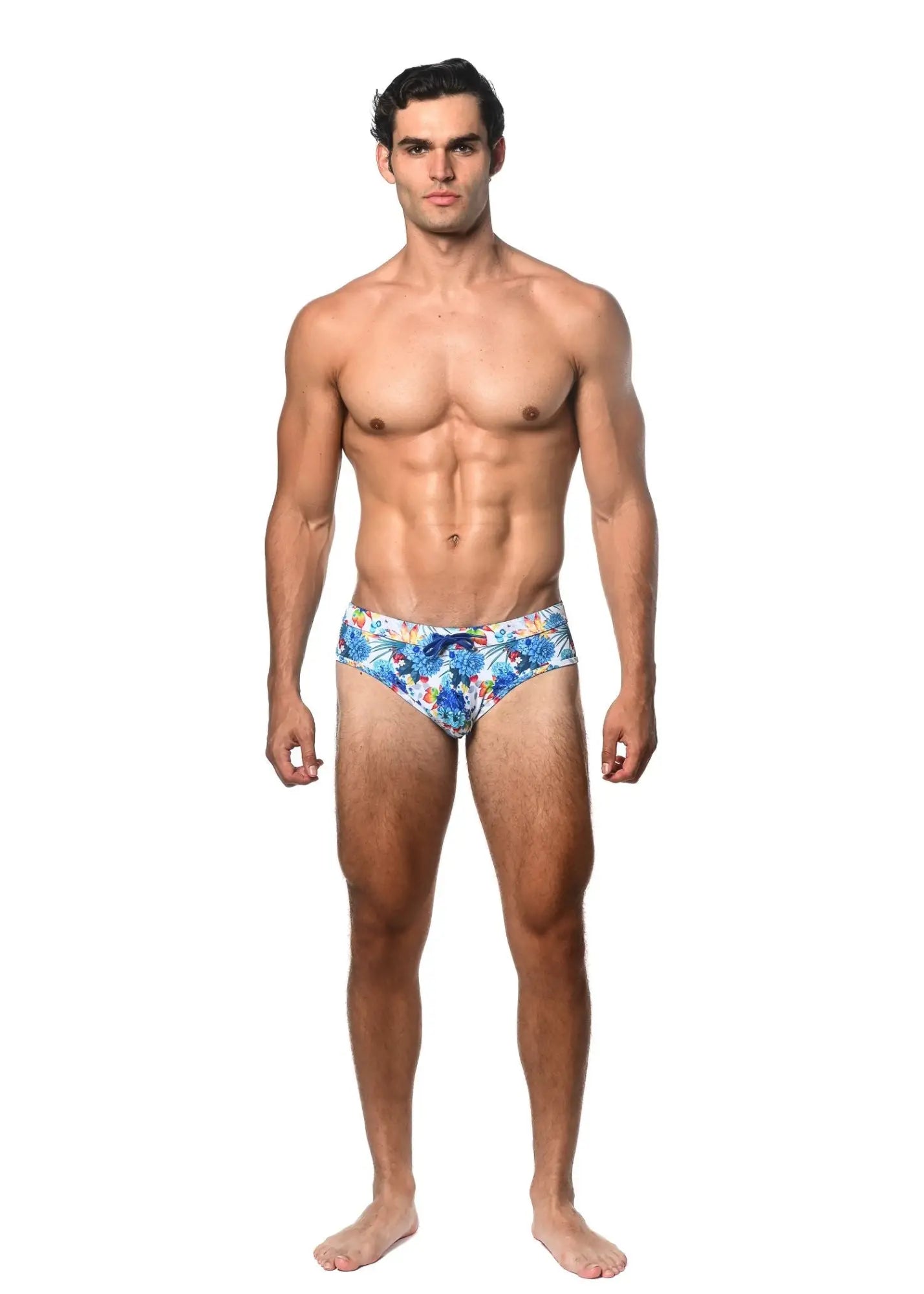 Mens blue floral swim trunks tropics printed swim brief with vibrant red and yellow flower pattern