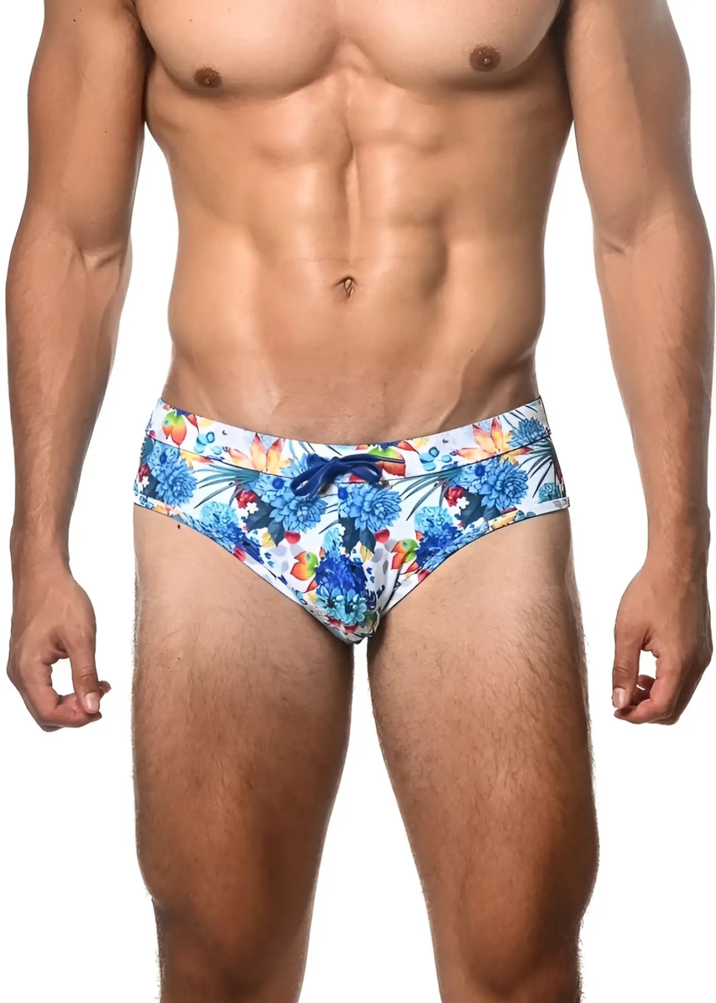 Tropics printed swim brief with vibrant blue multicolored tropical floral pattern and matching drawstring waistband