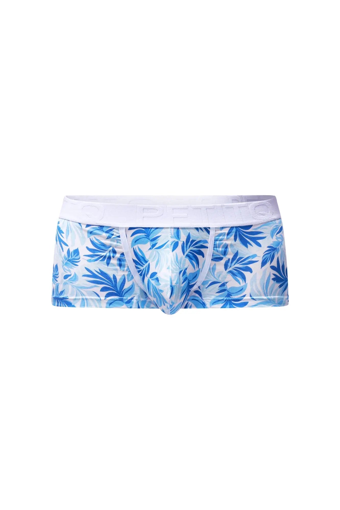 Trunk maeha men’s briefs with blue tropical leaf pattern and white elastic waistband for comfortable wear