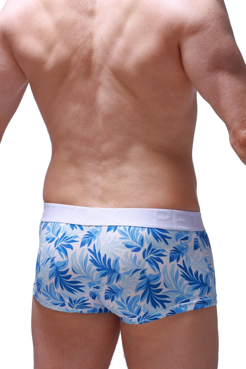 Blue and white tropical leaf patterned men’s briefs trunk maeha with solid white elastic waistband