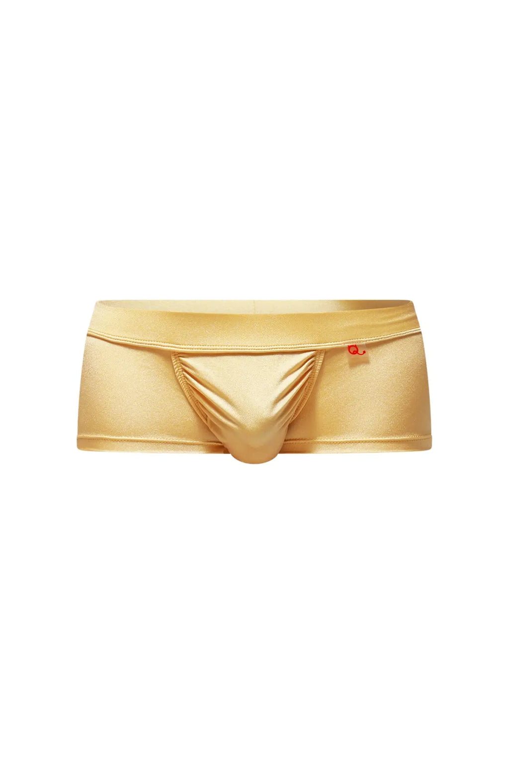 Gold metallic briefs trunk taik joe gold with smooth shiny fabric and small red logo on waistband front view