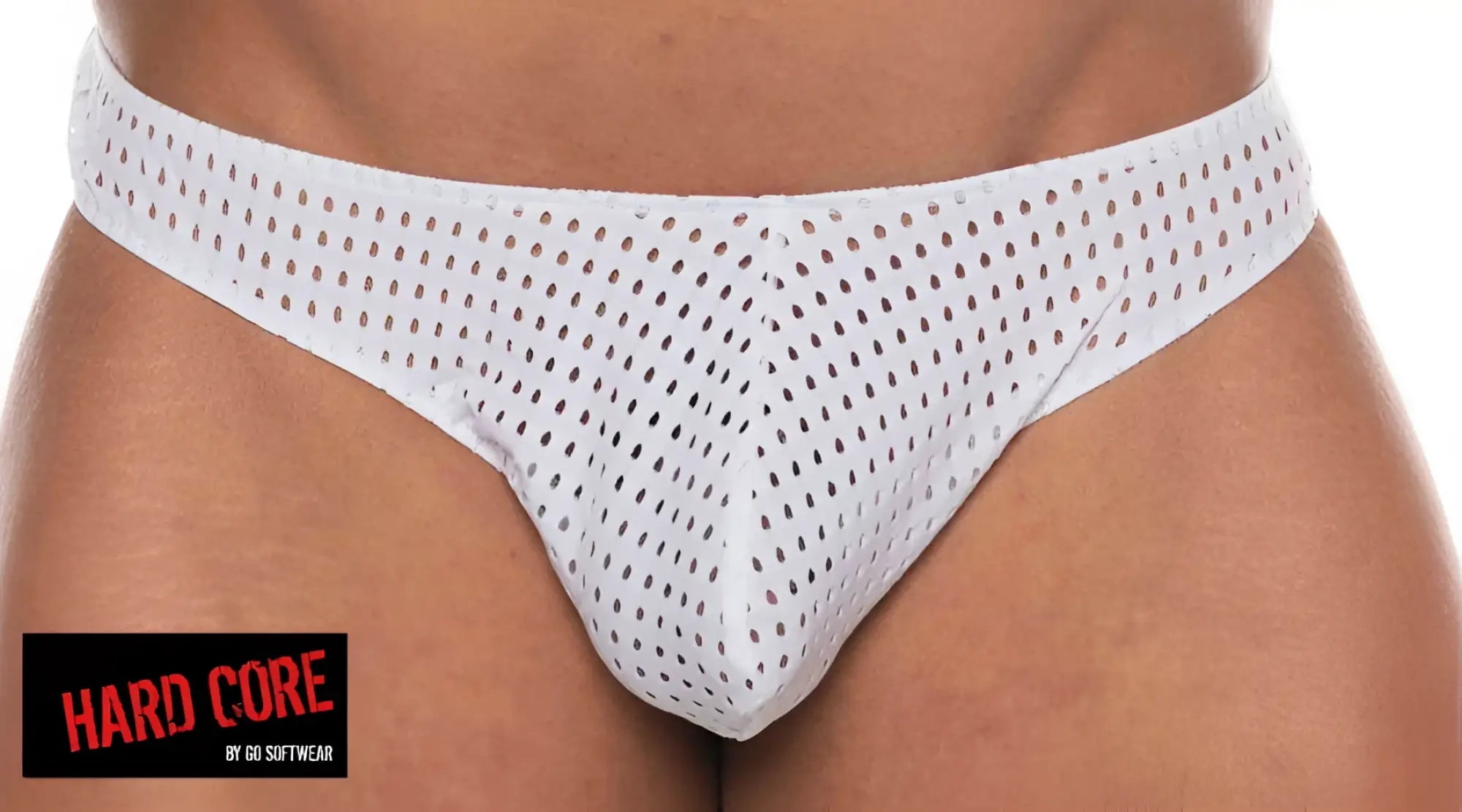 White perforated mesh briefs with a snug form-fitting design shown from the back in the tryst backless thong style