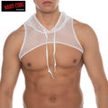 White mesh hooded harness top with drawstring detailing for lightweight breathable layering