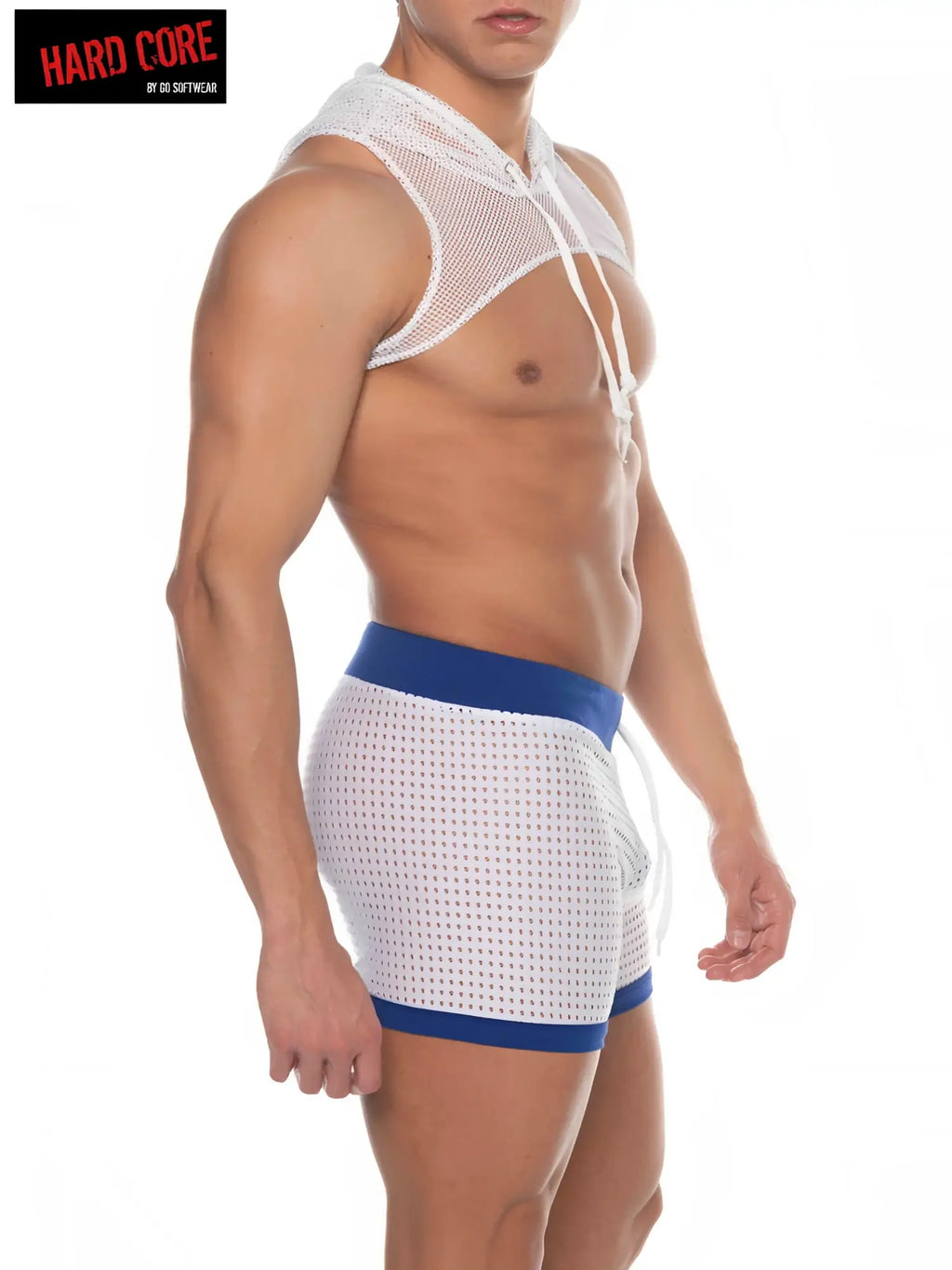 White mesh athletic top with blue trim and drawstring halter neckline from tryst mesh hooded harness collection