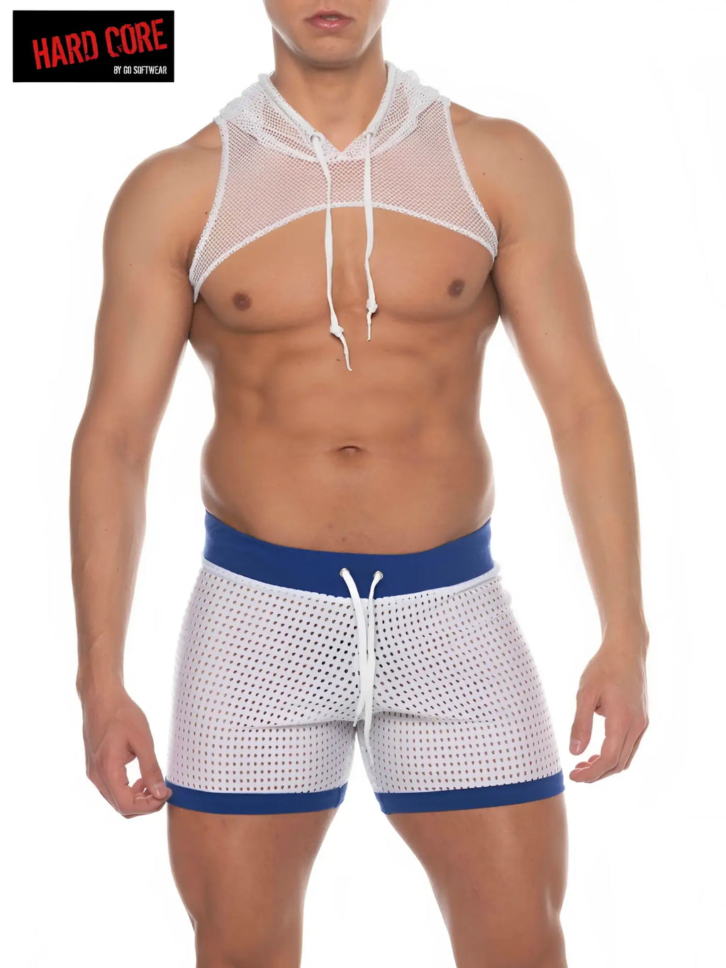 White mesh hooded harness top with blue trim and drawstring details in a lightweight breathable design