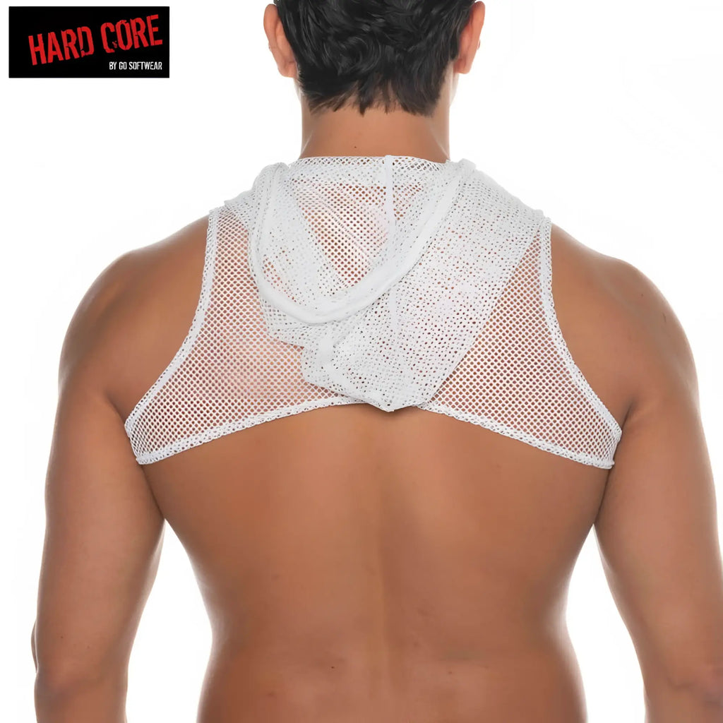 White mesh hooded harness top with sheer breathable fabric and adjustable neckline for versatile layering