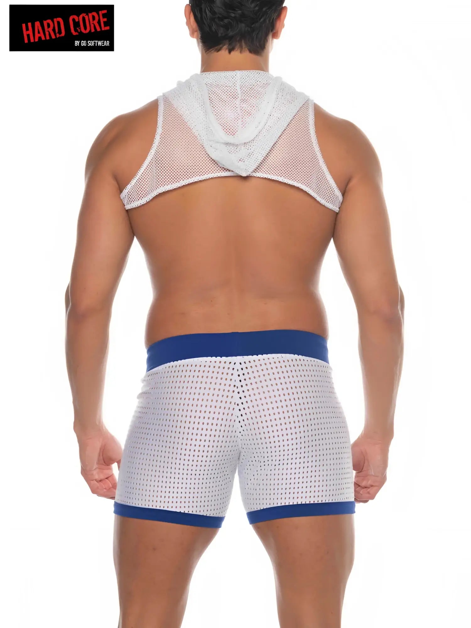 White mesh hooded underwear set with blue trim by hard core featuring lightweight breathable fabric and hooded design