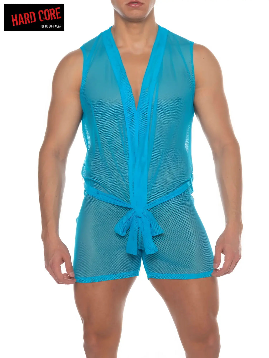 Bright turquoise mesh two-piece sleeveless judo set with v-neck top and waist-tied shorts for casual wear