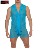 Bright turquoise mesh two-piece sleeveless judo set with v-neck top and waist-tied shorts for casual wear