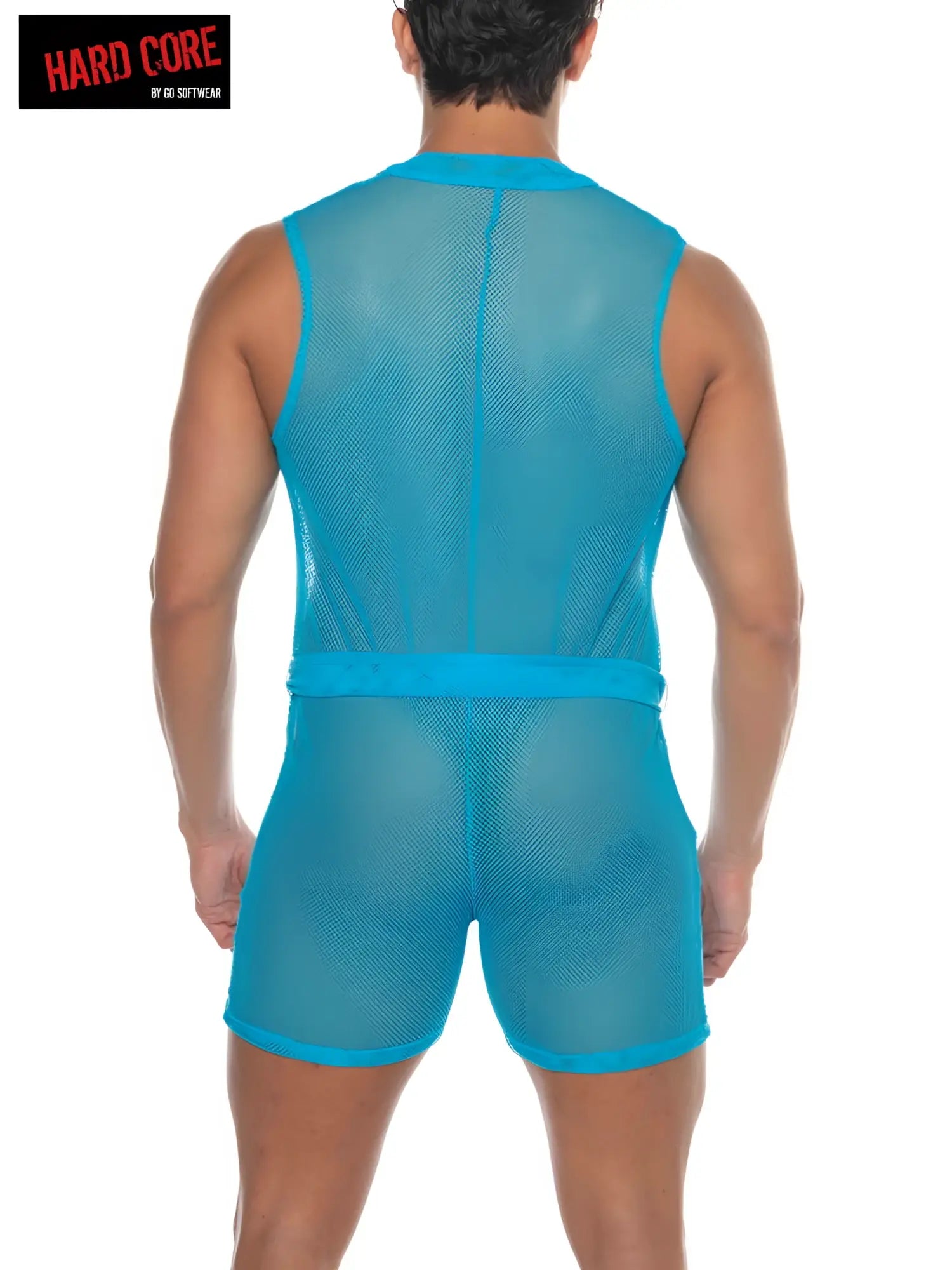 A vibrant turquoise mesh two-piece set with a fitted waistband designed by Hard Core from the Tryst Sleeveless Judo line