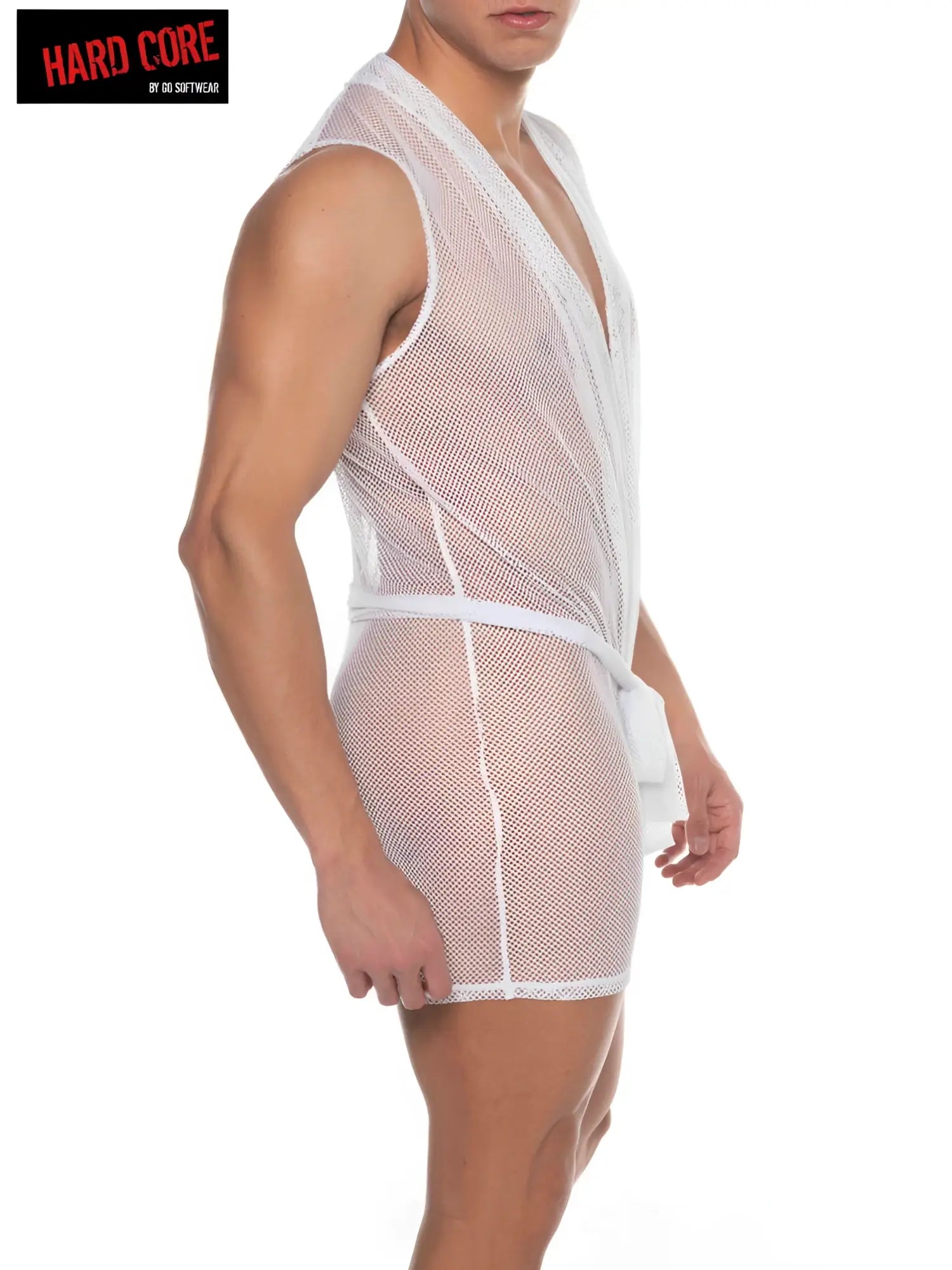 White mesh sleeveless v-neck judo garment with waist tie designed by hard core by os softwear tryst sleeveless judo