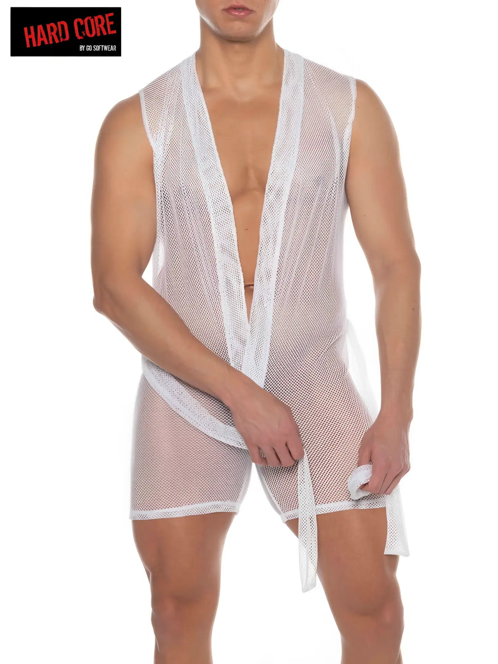 White mesh sleeveless judo garment with v-neckline and side ties from tryst sleeveless judo collection