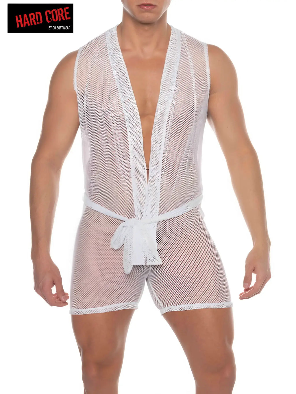 White mesh men’s lingerie set with sleeveless design and tied waistband from the tryst sleeveless judo collection