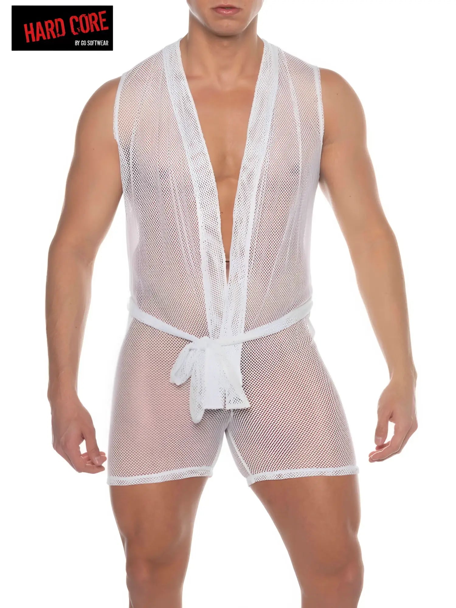 White mesh men’s lingerie set with sleeveless design and tied waistband from the tryst sleeveless judo collection
