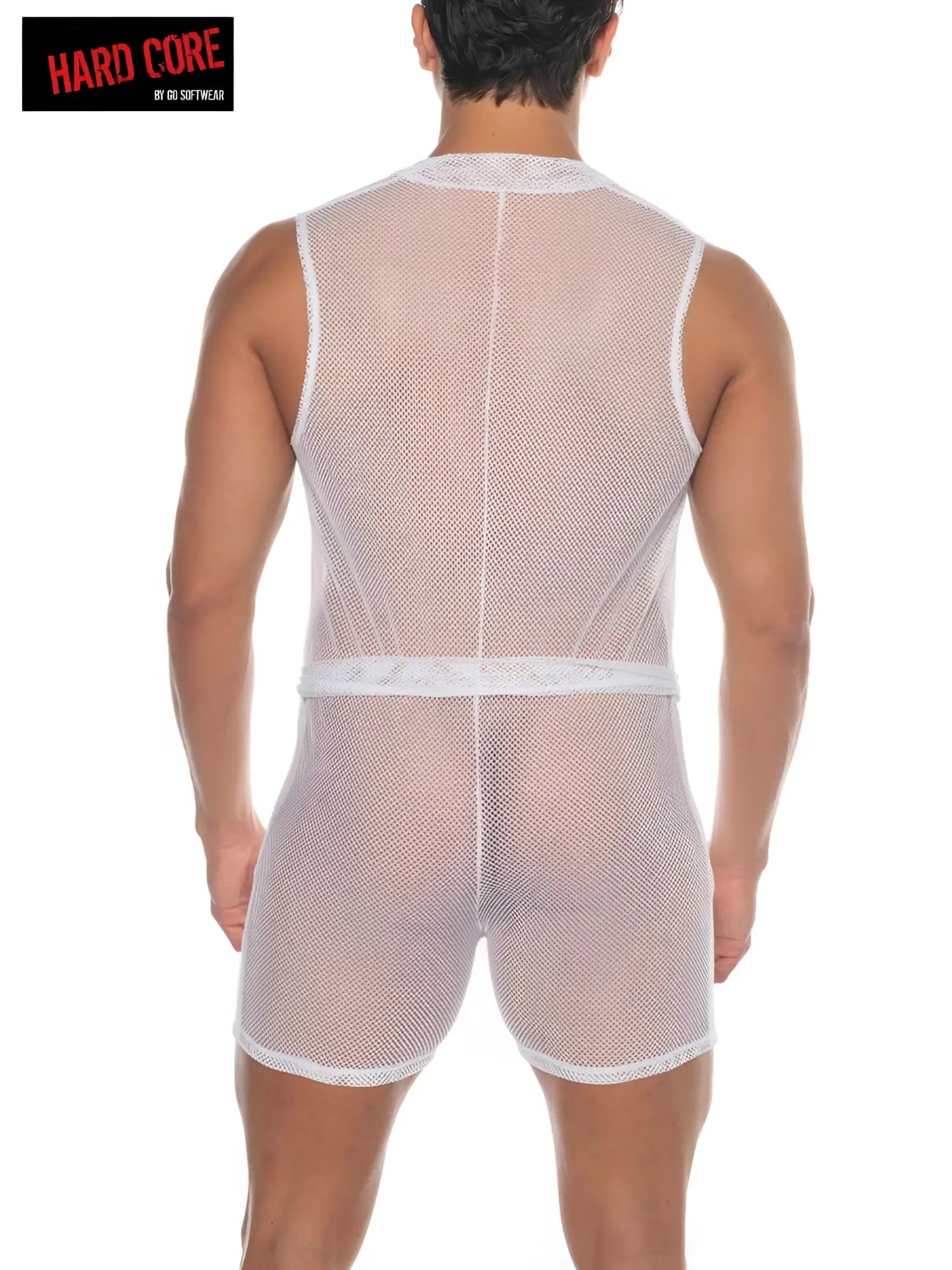 White sheer mesh Tryst sleeveless judo bodysuit with lace trim at neckline and waistband