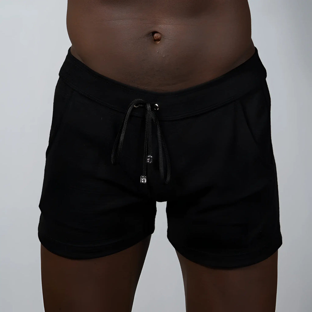 Black tulio linen texture shorts with soft stretchy fabric and subtle side pockets in a comfortable drawstring design