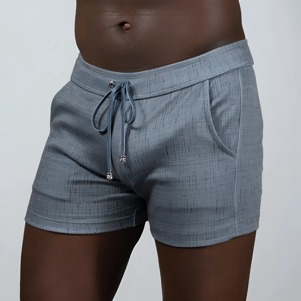 Gray tulio linen texture shorts with drawstring waistband and side pockets in a comfortable linen blend material