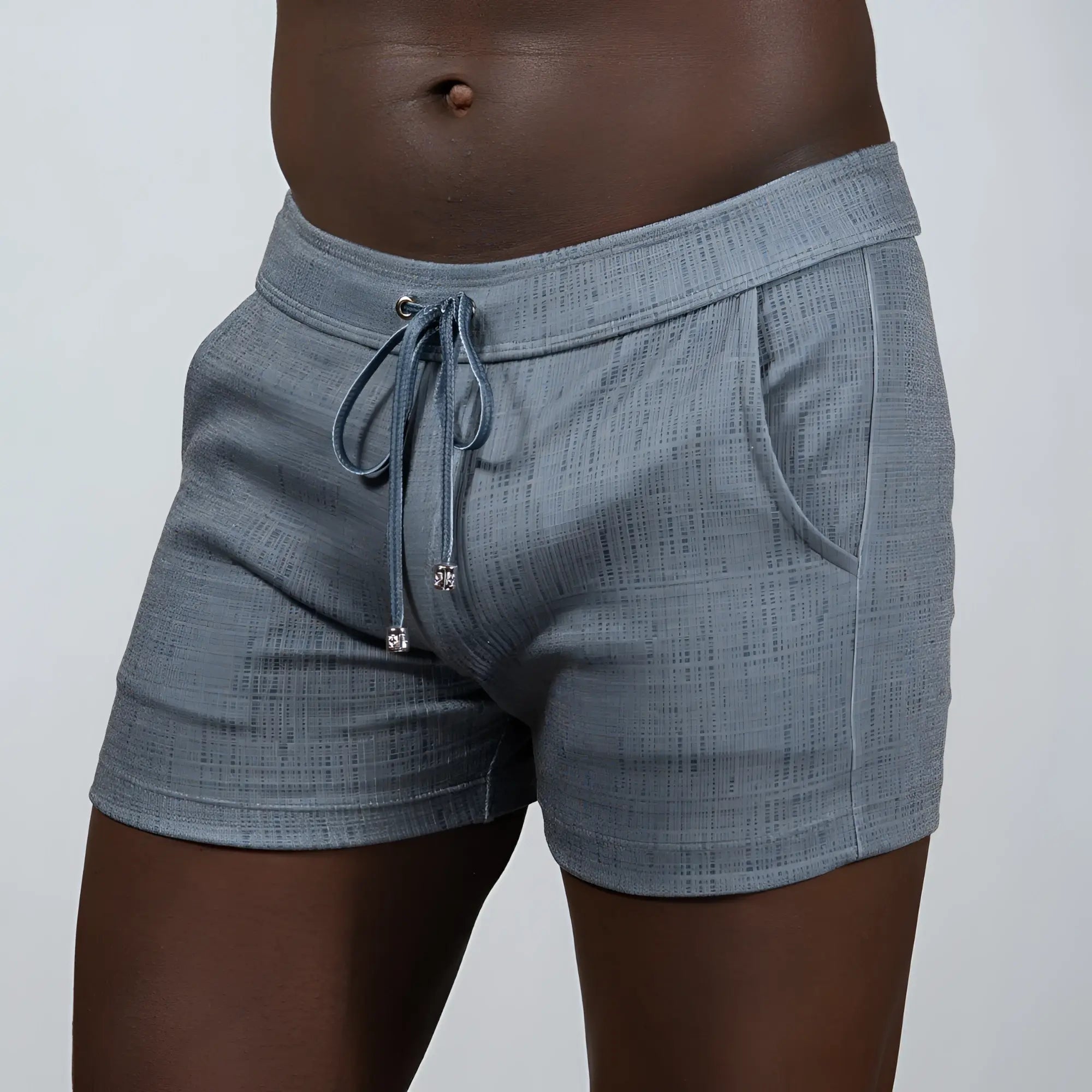 Gray tulio linen texture shorts with drawstring waistband and side pockets in a comfortable linen blend material