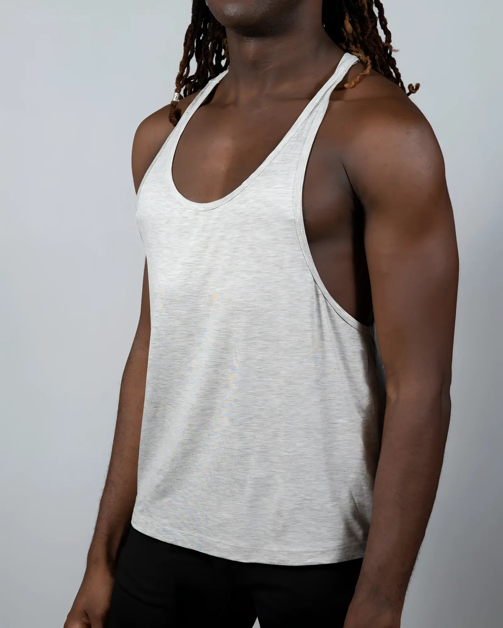 A heather gray sleeveless Tulio racerback tank top showing the back design, available in 4 colors