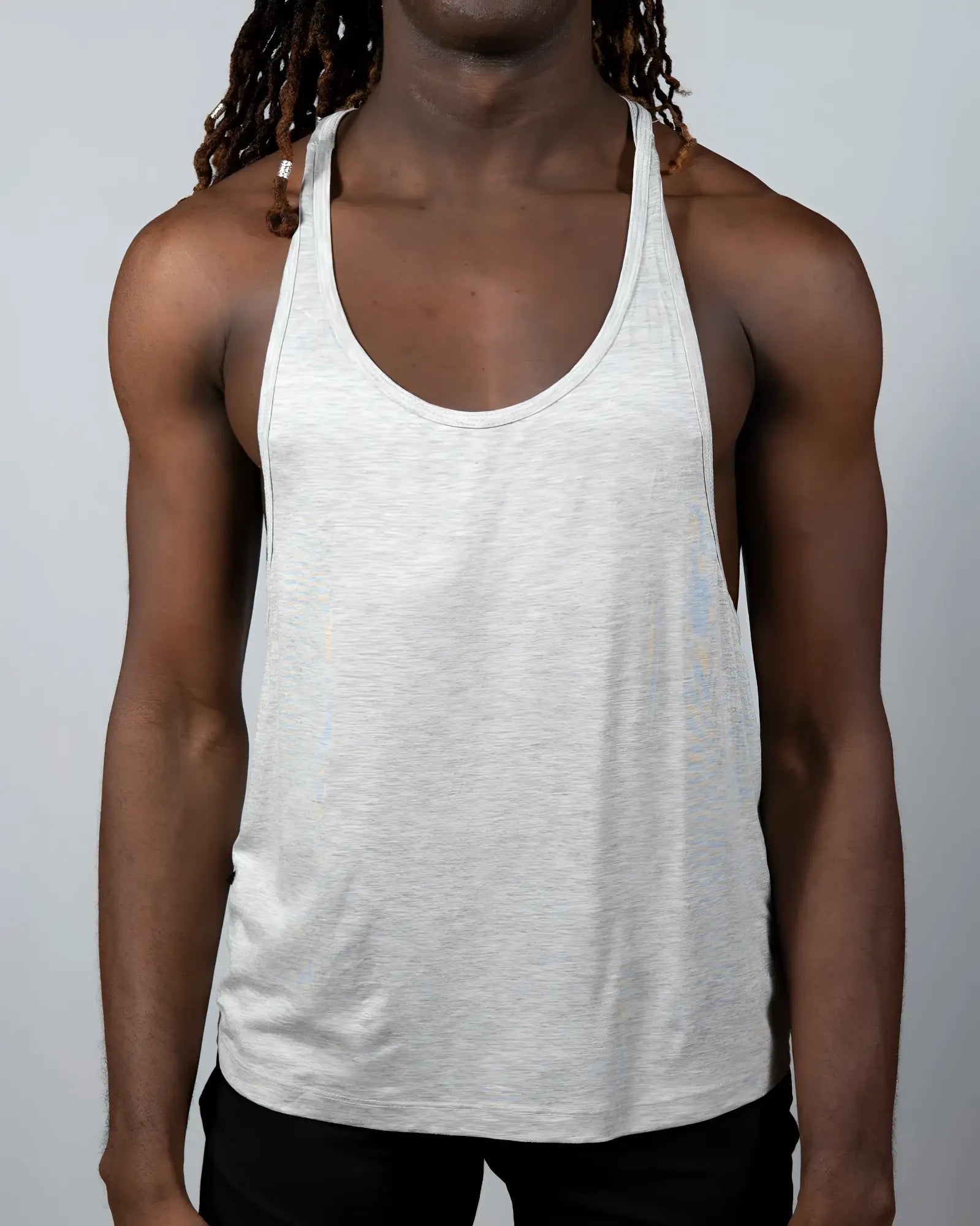 A light gray heathered cotton tank top with a classic racerback design from Tulio Racerback Tanks available in 4 colors