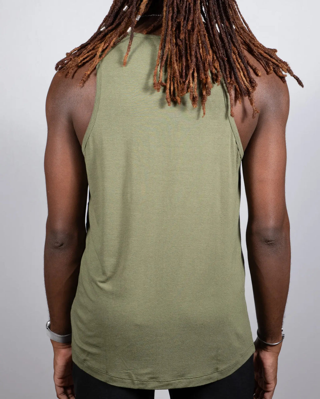 Olive green tulio solid tank sleeveless top with relaxed fit and rounded hem made from soft breathable fabric