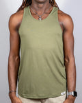 Olive green sleeveless tulio solid tank with ribbed neckline and hem featuring a small white brand tag at bottom right