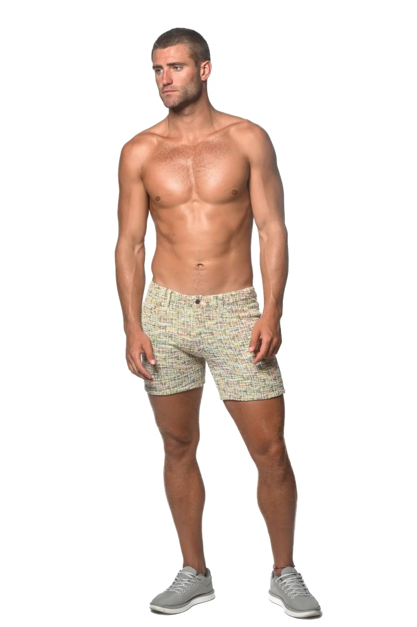 Beige and green tweed-look jacquard stretch knit jeans shorts with a subtle woven pattern in limited edition