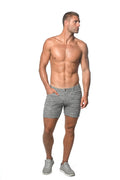 Gray tweed-look jacquard stretch knit jeans short with herringbone pattern tailored fit and button closure