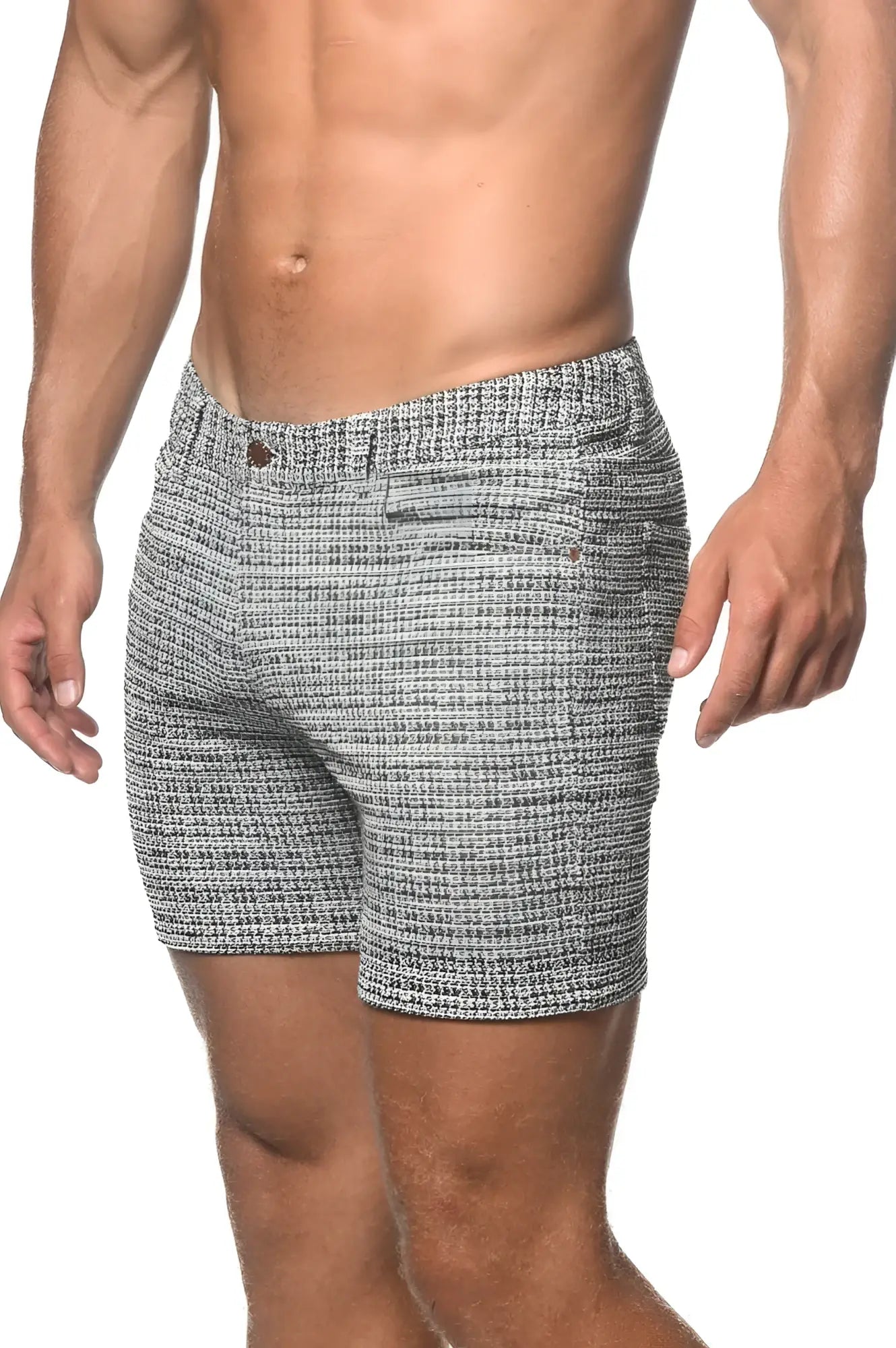 Gray and white tweed-look jacquard stretch knit jeans shorts with herringbone pattern and button closure
