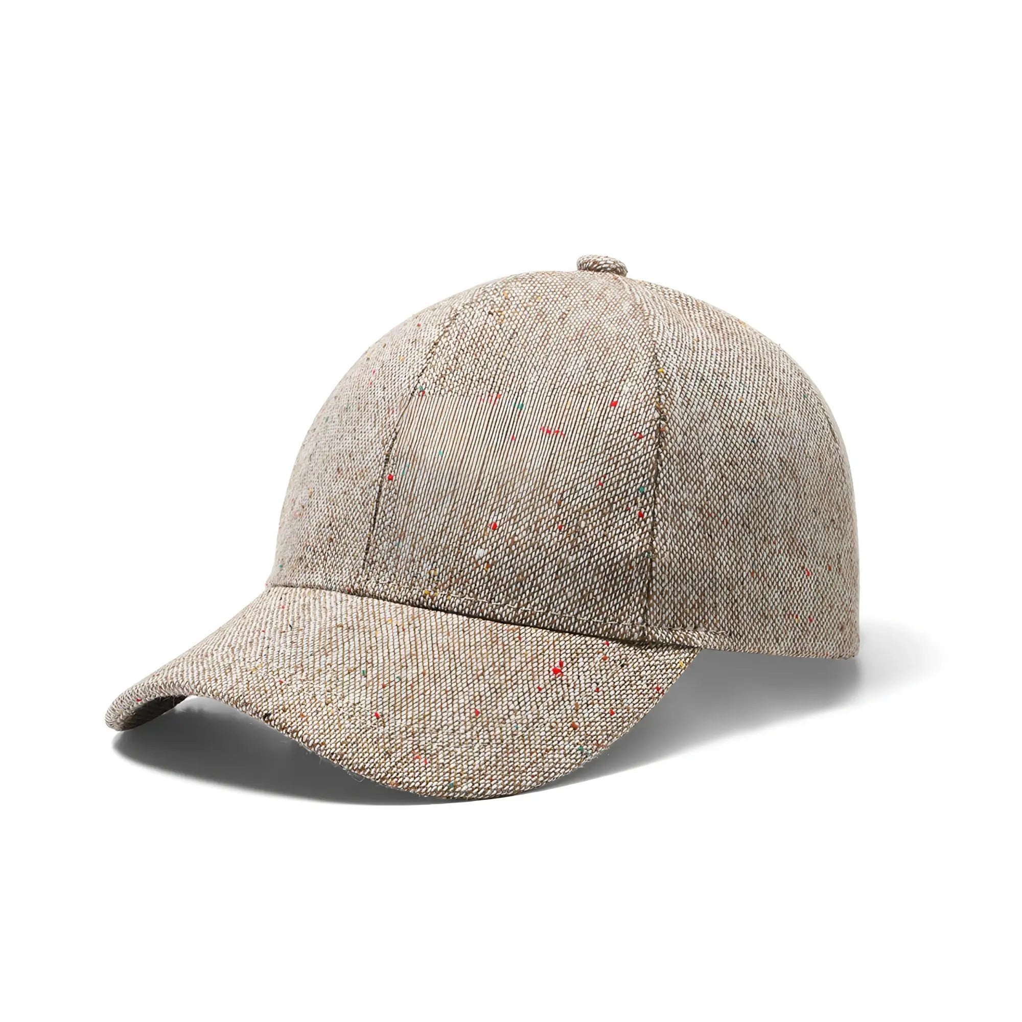 Beige tweed baseball cap with subtle red and green speckles featuring a textured fabric design