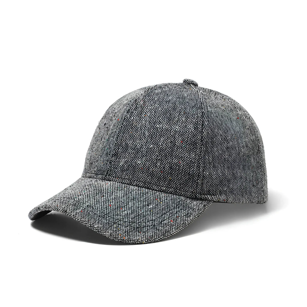 Gray tweed speckled baseball cap with herringbone pattern structured crown and curved brim for casual wear