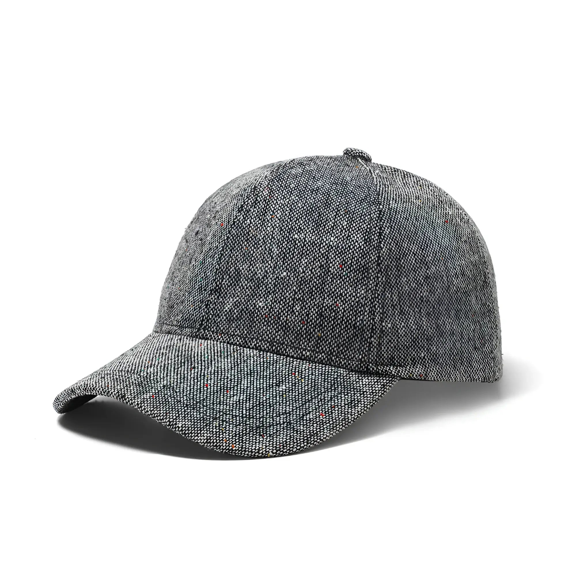 Gray tweed speckled baseball cap with herringbone pattern structured crown and curved brim for casual wear