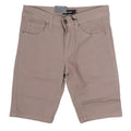 Beige twill stretch skinny shorts with five-pocket design and silver-toned hardware for casual wear