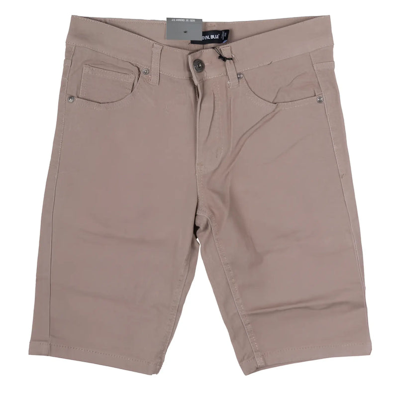 Beige twill stretch skinny shorts with five-pocket design and silver-toned hardware for casual wear