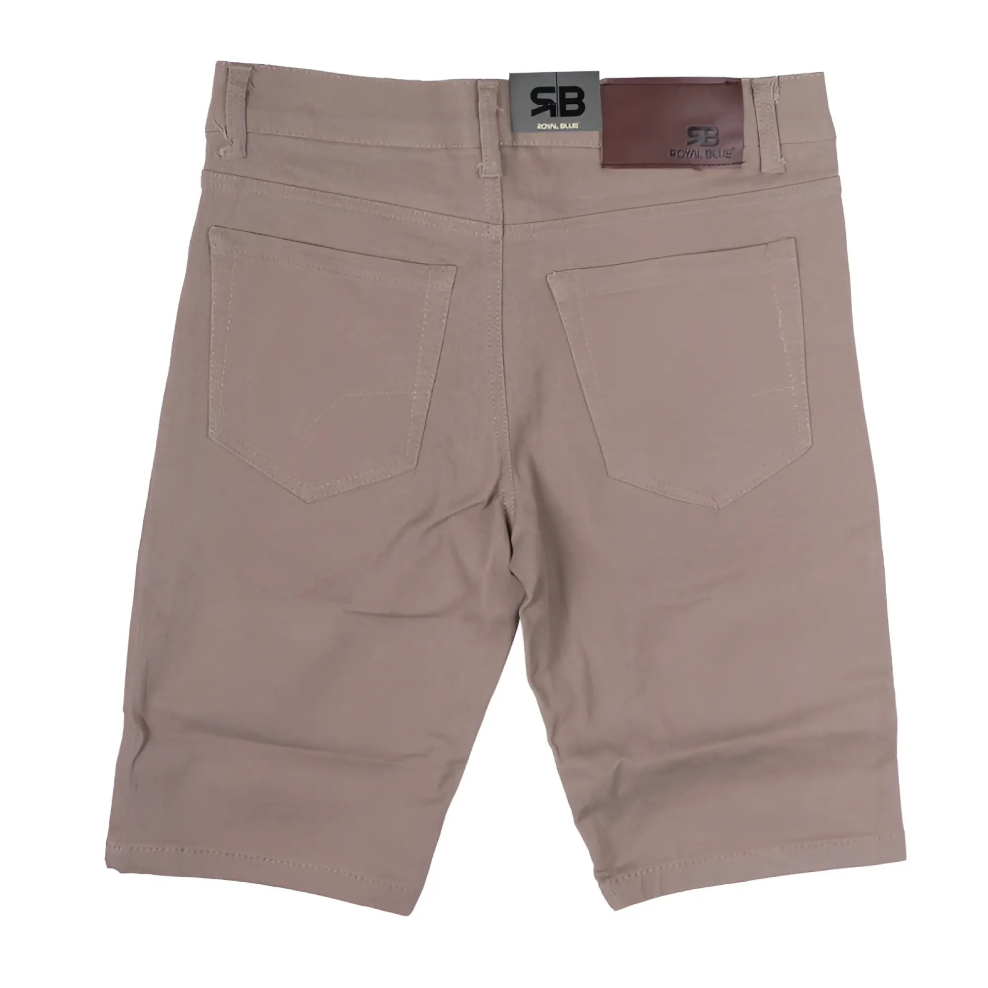 Beige twill stretch skinny shorts back view with subtle texture two back pockets and branded waistband labels