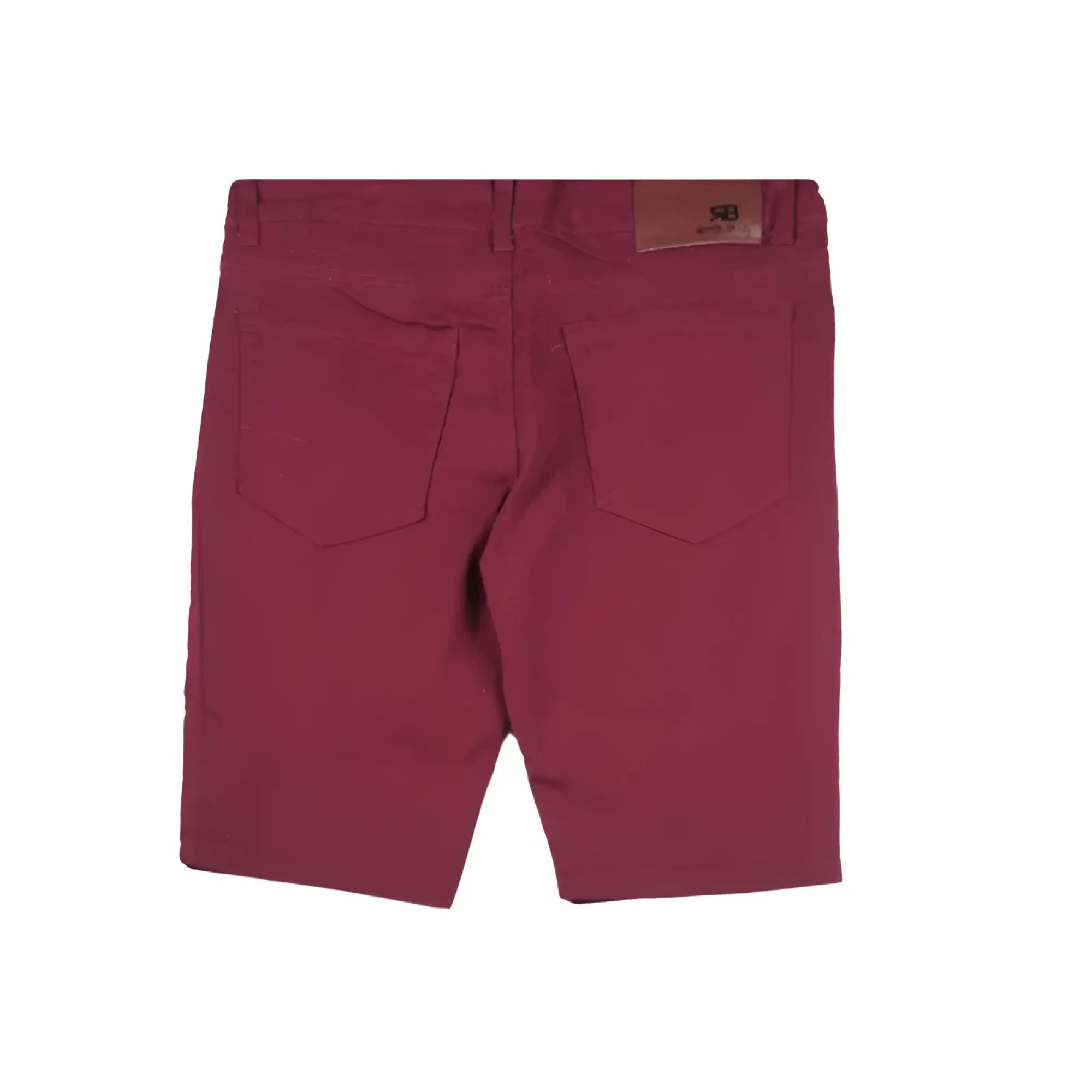 Maroon twill stretch skinny shorts with a brown leather brand patch at the waistband, shown from the back side