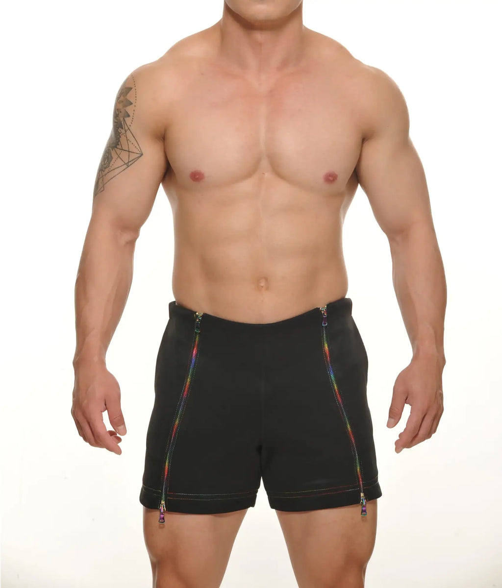 Tyler zipper short black shorts with rainbow-colored zippers running down the sides for a bold look