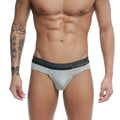 Gray heathered u-station adam briefs with black elastic waistband and gold logo for comfortable everyday wear