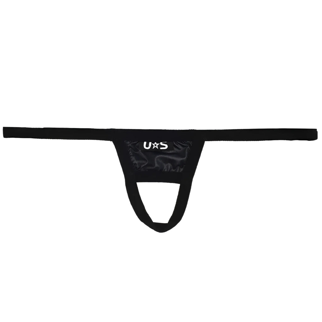 Black u station ball holder thong U0011-001 with glossy stretchy fabric and central pouch design