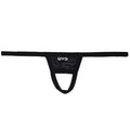 Black u station ball holder thong U0011-001 with glossy stretchy fabric and central pouch design
