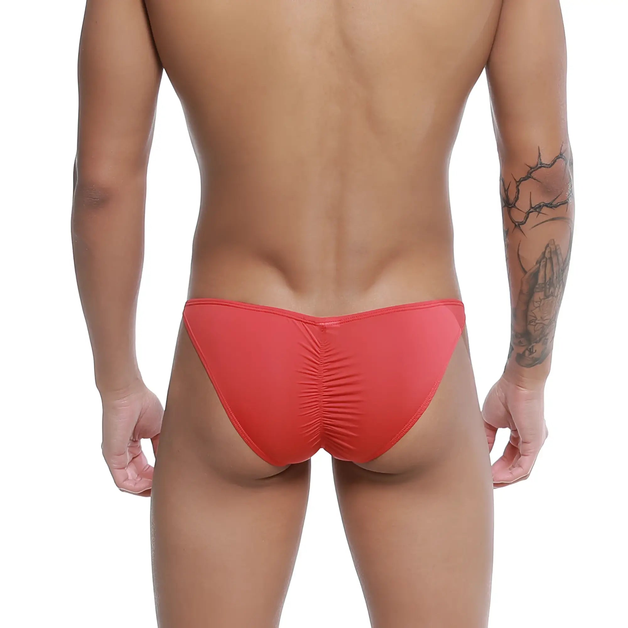 Red form-fitting swim trunks with ruched back design from u-station me bikini red u0032-600, ideal for swimwear