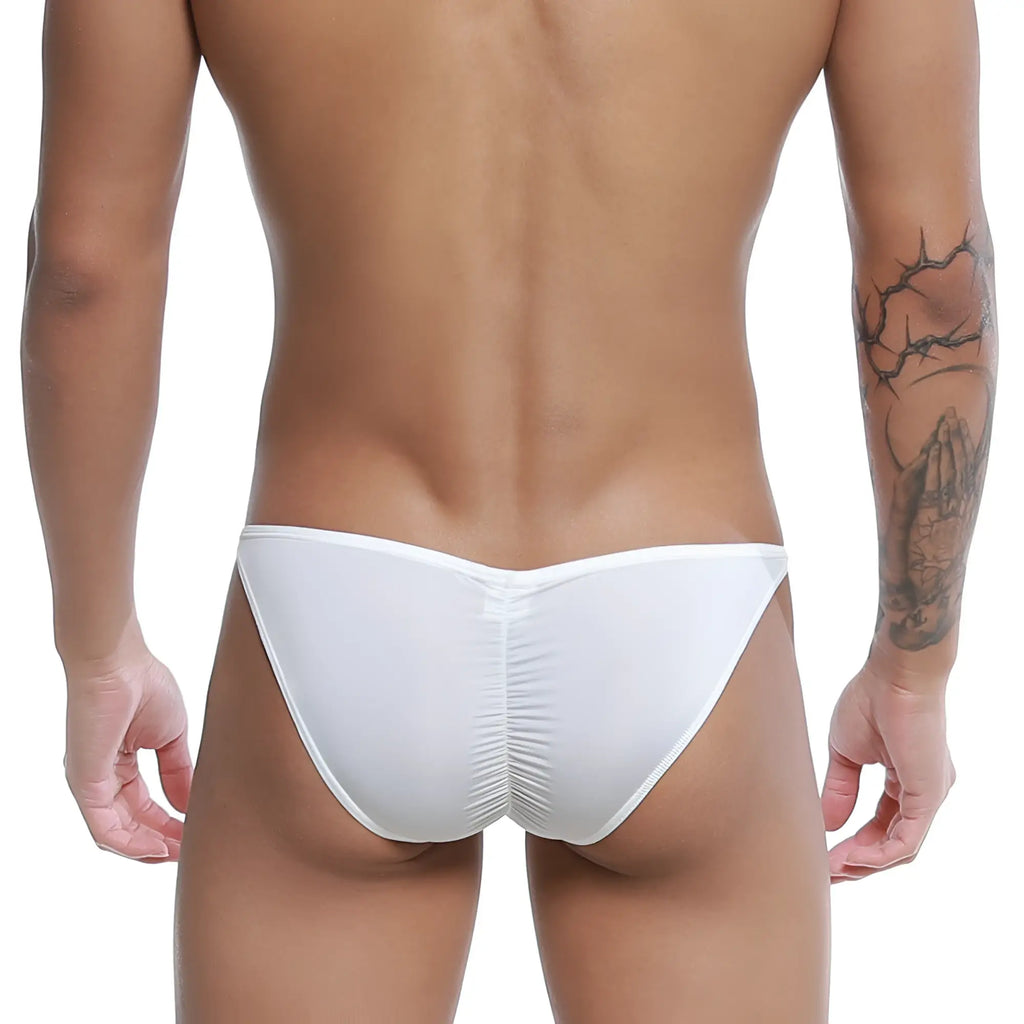 White u-station me bikini swim trunks with ruched back design form-fitting and suitable for swimming