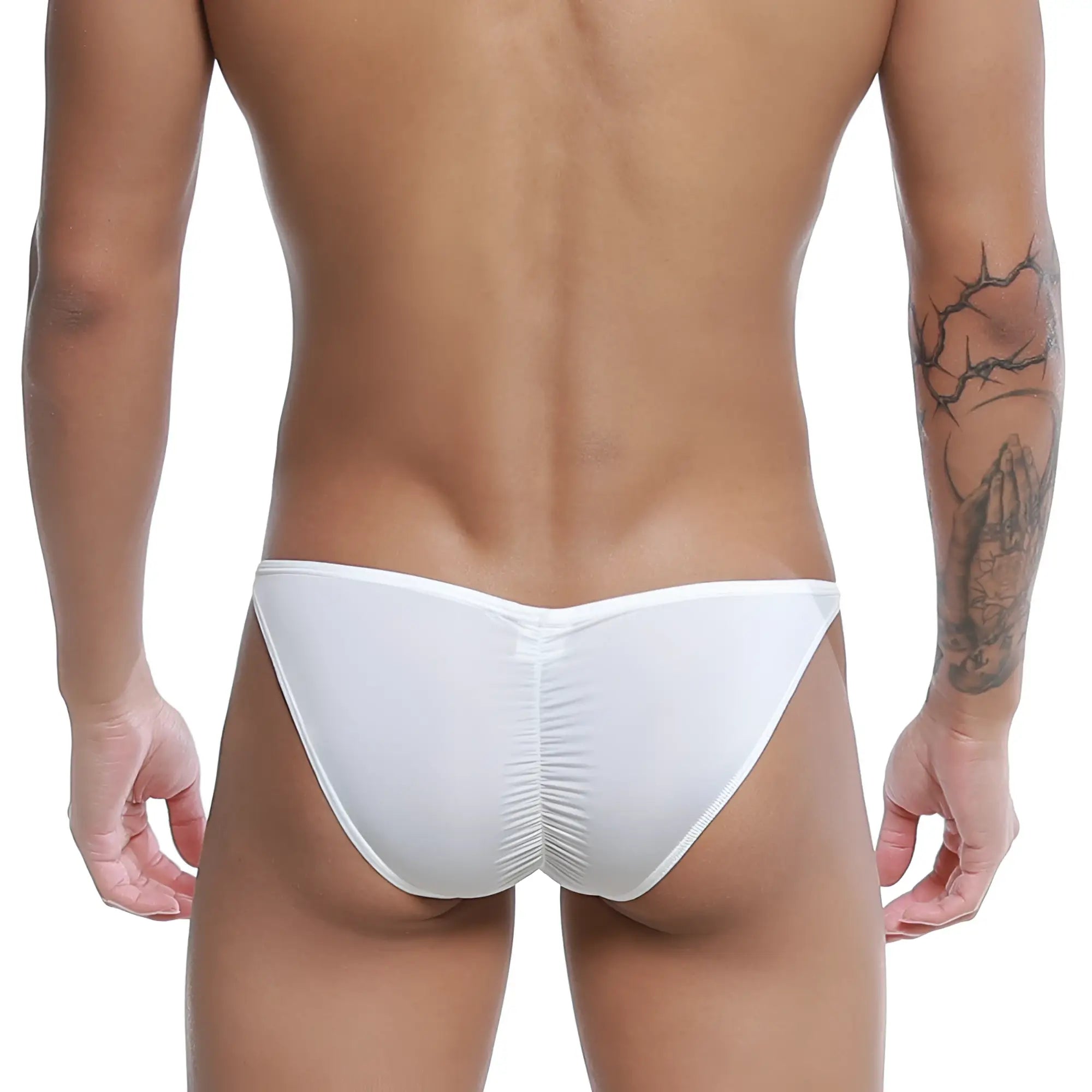 White u-station me bikini swim trunks with ruched back design form-fitting and suitable for swimming