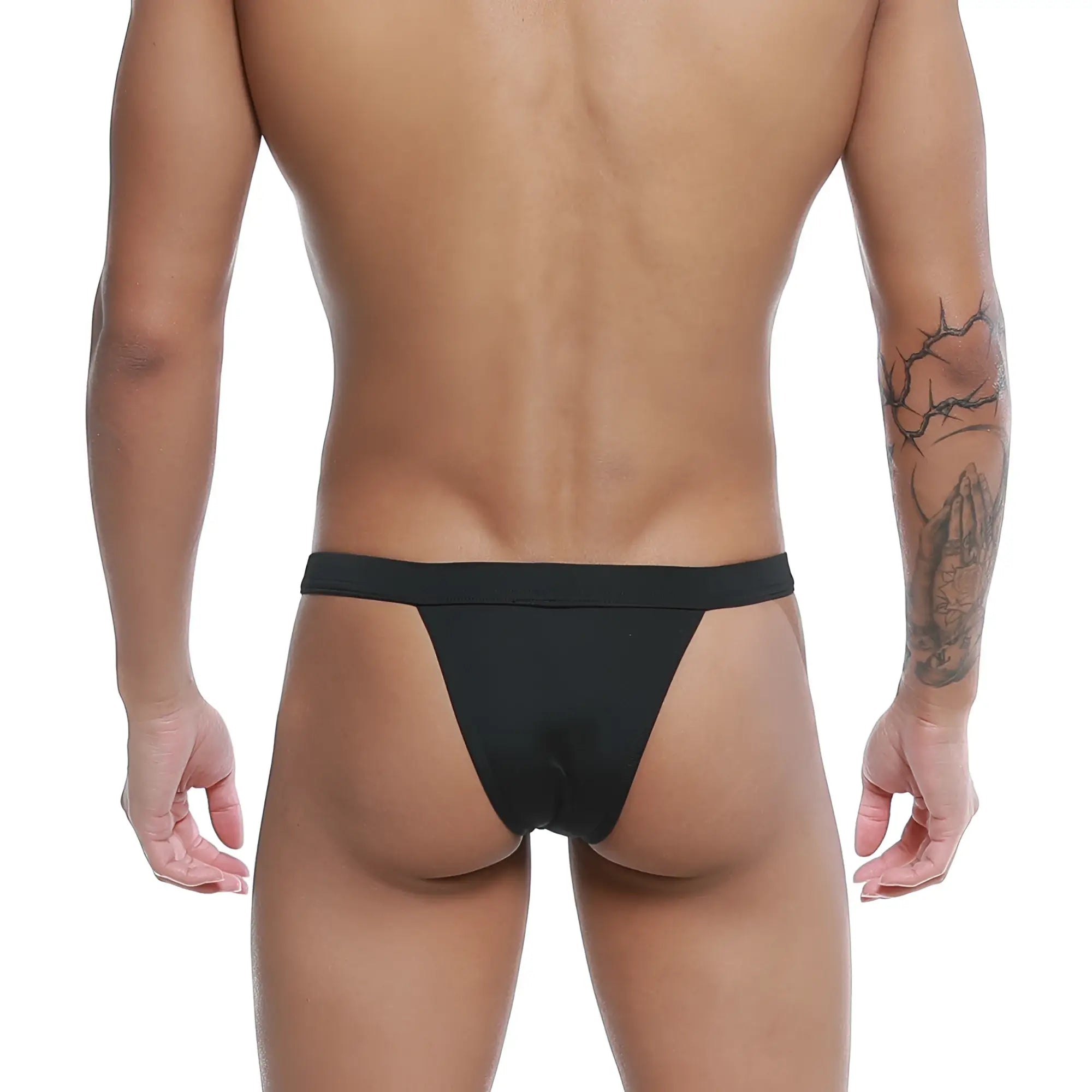 Black u-station bow bikini u0052-001 thong made of smooth stretchy fabric with narrow waistband shown from the back