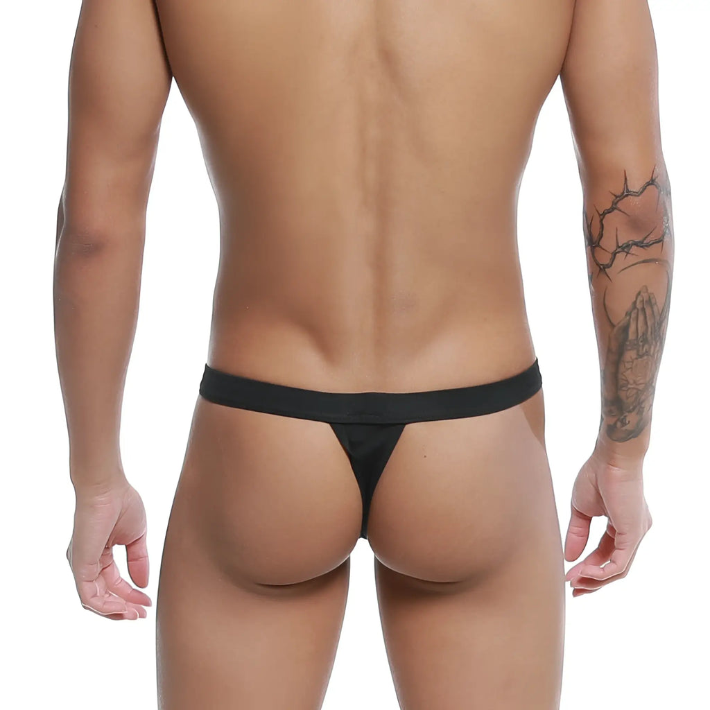 U-Station bow thong black u0004-001 made of smooth stretchy fabric with narrow waistband shown from the back side